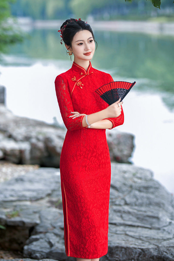 Autumn Red Lace Long Qipao Cheongsam | Elegant Hollow Seven-Sleeve Chinese Dress