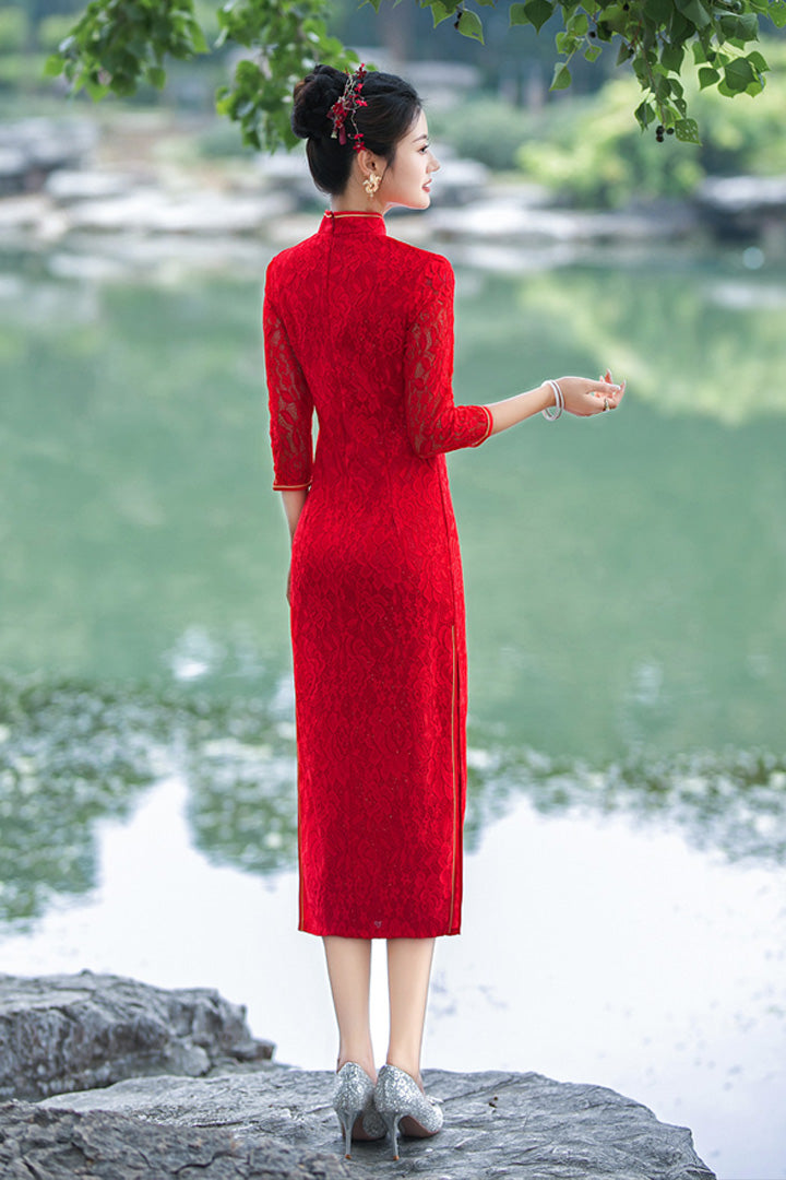 Autumn Red Lace Long Qipao Cheongsam | Elegant Hollow Seven-Sleeve Chinese Dress