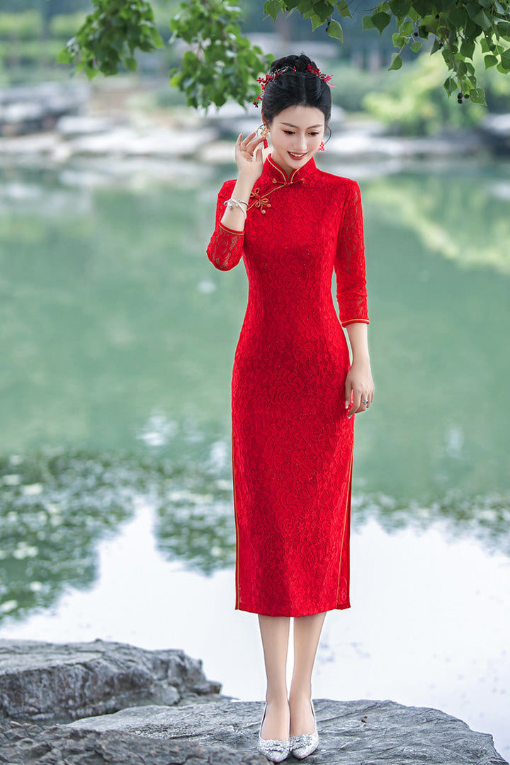 Autumn Red Lace Long Qipao Cheongsam | Elegant Hollow Seven-Sleeve Chinese Dress