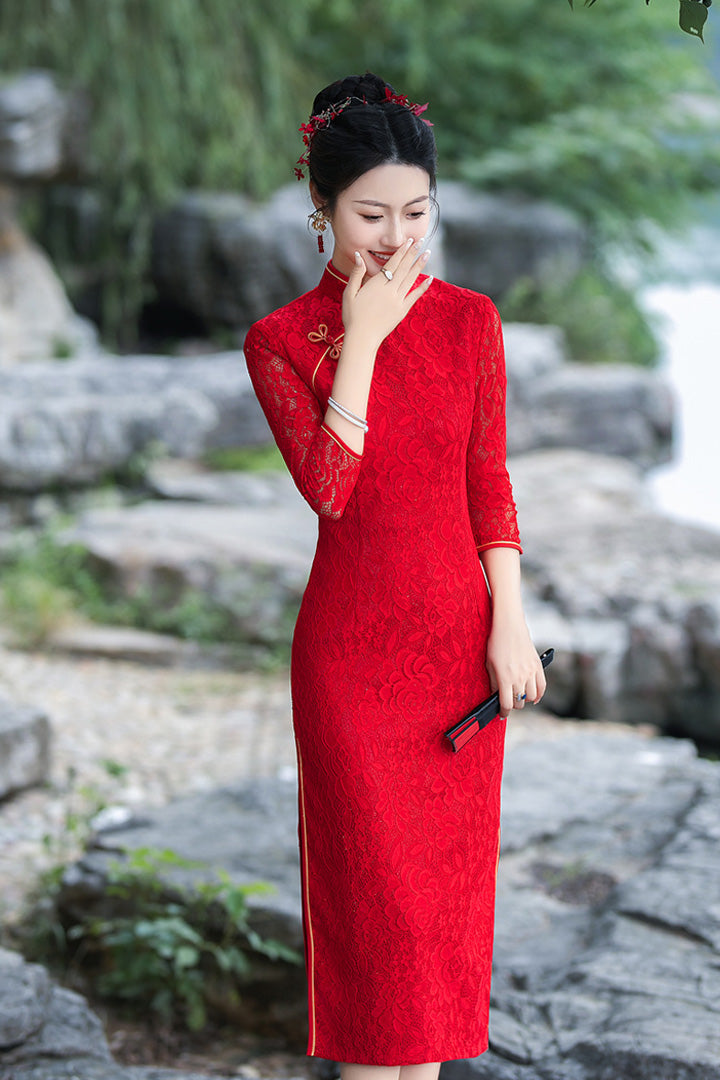 Autumn Red Lace Long Qipao Cheongsam | Elegant Hollow Seven-Sleeve Chinese Dress