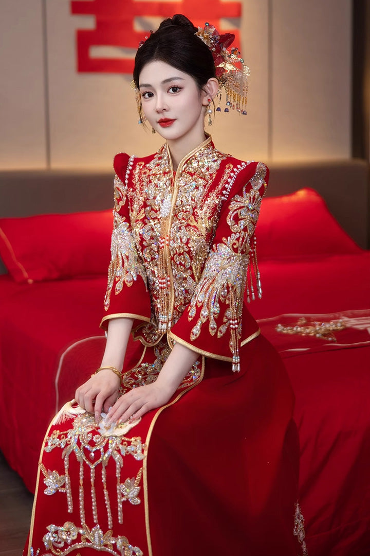 Chinese Satin Xiuhe Bridal Wedding Dress | Embroidered Gown