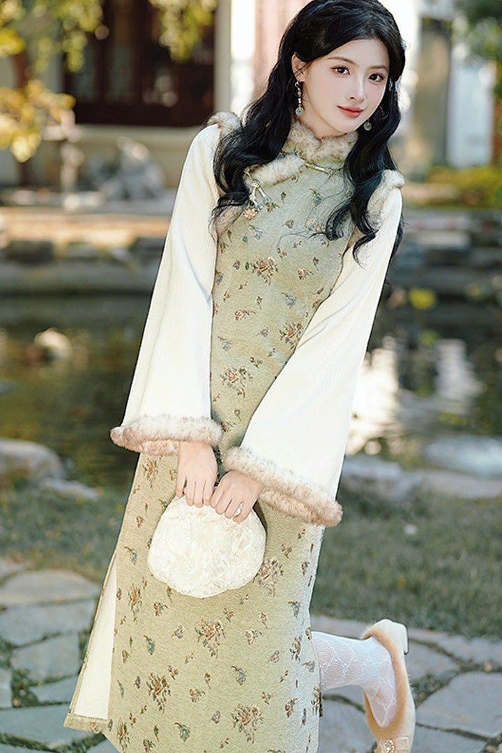 Light Green Daily Plush Vintage Qipao for Winter | Elegant Warmth Long Dress