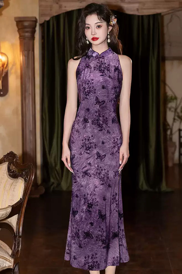 Modern Purple Fishtail Halter Qipao | Sleeveless Cheongsam Summer Dress