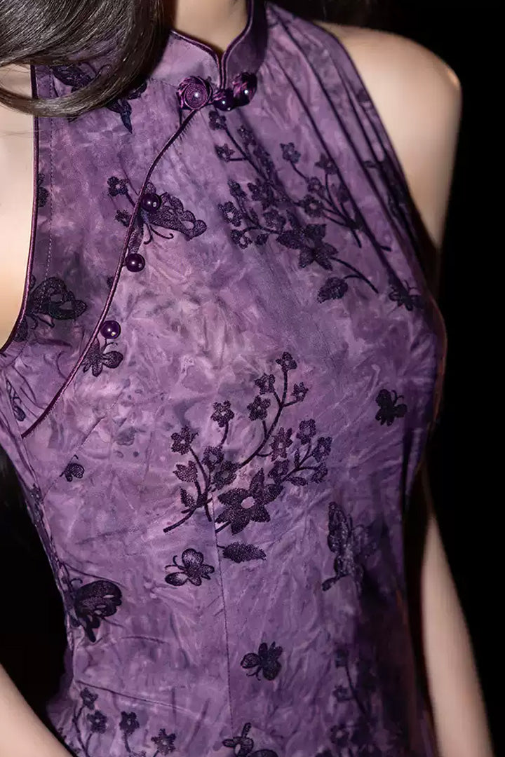 Modern Purple Fishtail Halter Qipao | Sleeveless Cheongsam Summer Dress