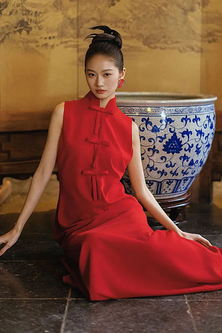 Modern Sleeveless Mandarin Collar Qipao | Elegant Retro Long Engagement Dress