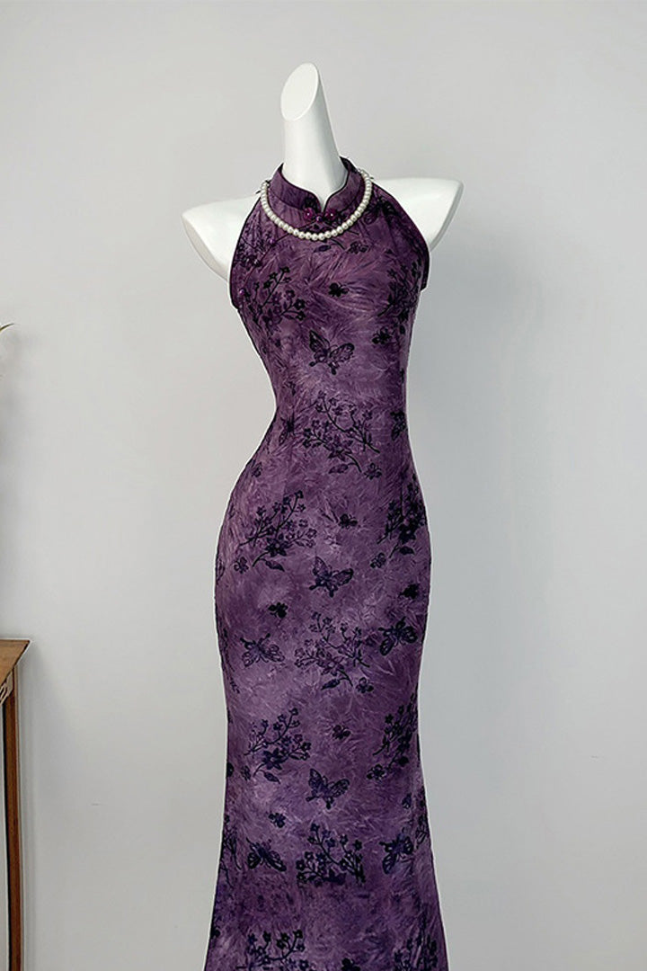 Modern Purple Fishtail Halter Qipao | Sleeveless Cheongsam Summer Dress