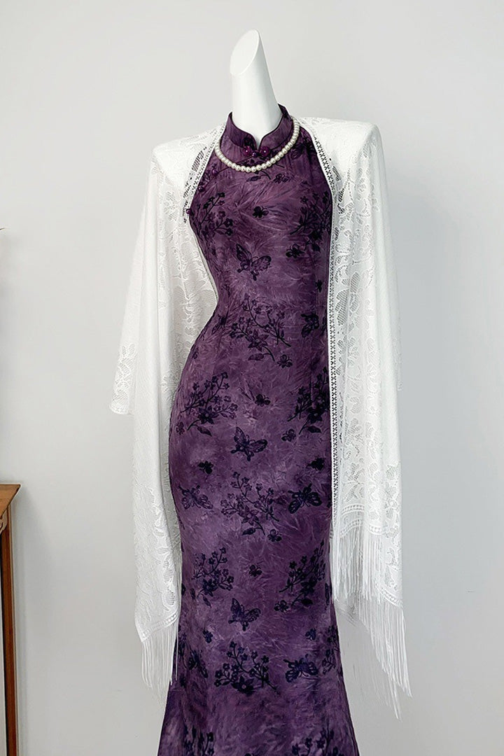 Modern Purple Fishtail Halter Qipao | Sleeveless Cheongsam Summer Dress