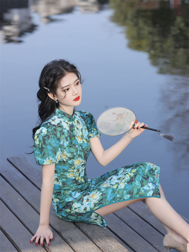 女式复古中式花卉绿色旗袍连衣裙