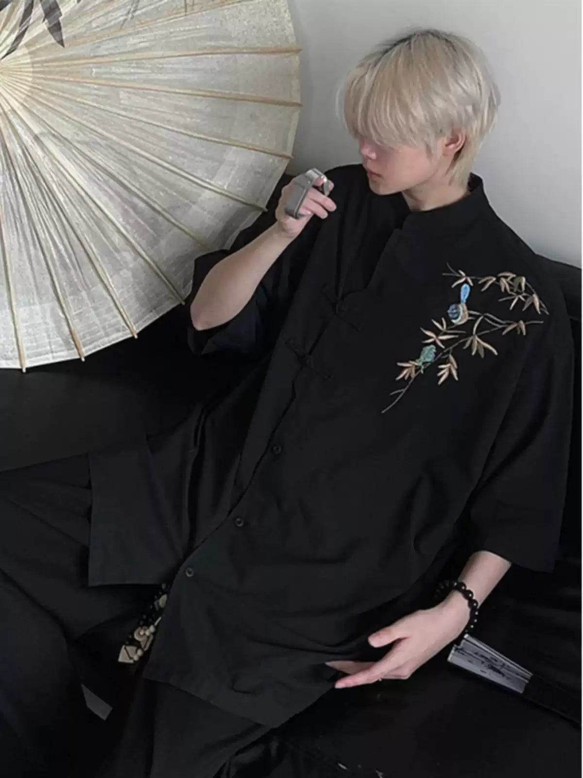 Men's Vintage Chinese Linen Shirt with Bamboo Embroidery