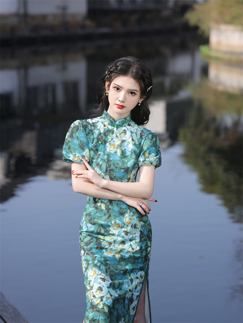女式复古中式花卉绿色旗袍连衣裙