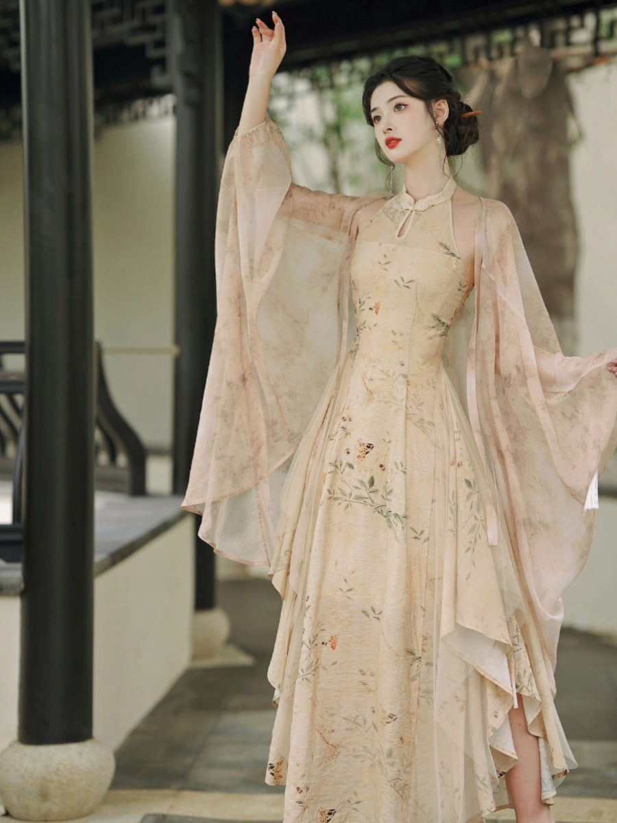 Elegant Floral Hanfu-Inspired Dress with Flowing Sleeves