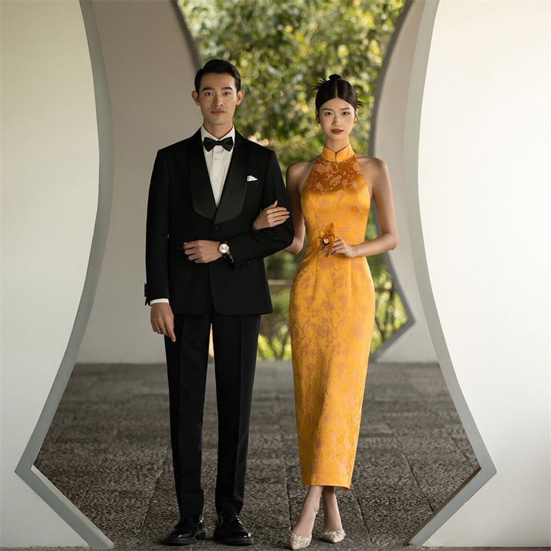 Sleeveless Yellow Qipao Gown Dress for Women