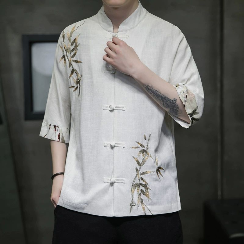 Mens Half Sleeve New Chinese Style Bamboo Embroidery Shirt