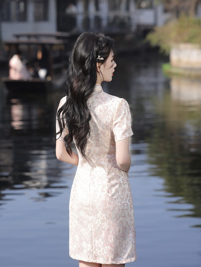Elegant Floral Qipao Dress with Vintage Lace Accents