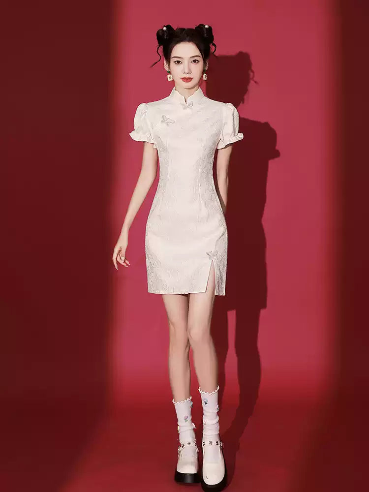 Elegant Black Chinese-Inspired Mini Dress with Puff Sleeves for Women