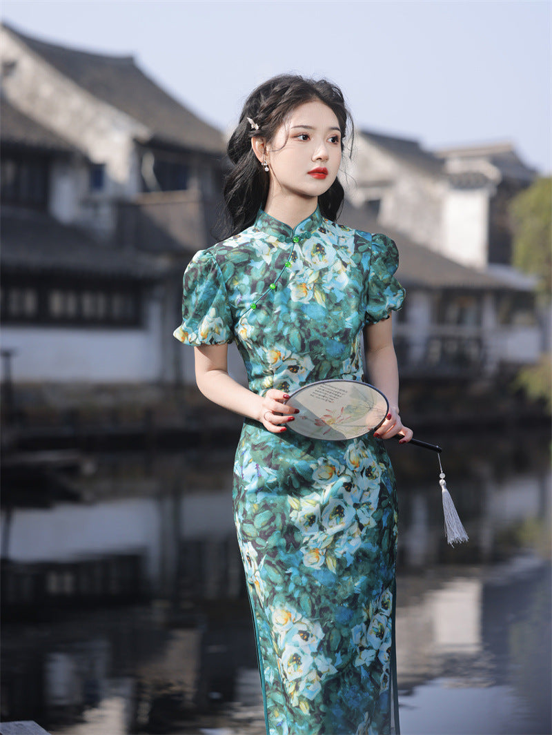 女式复古中式花卉绿色旗袍连衣裙