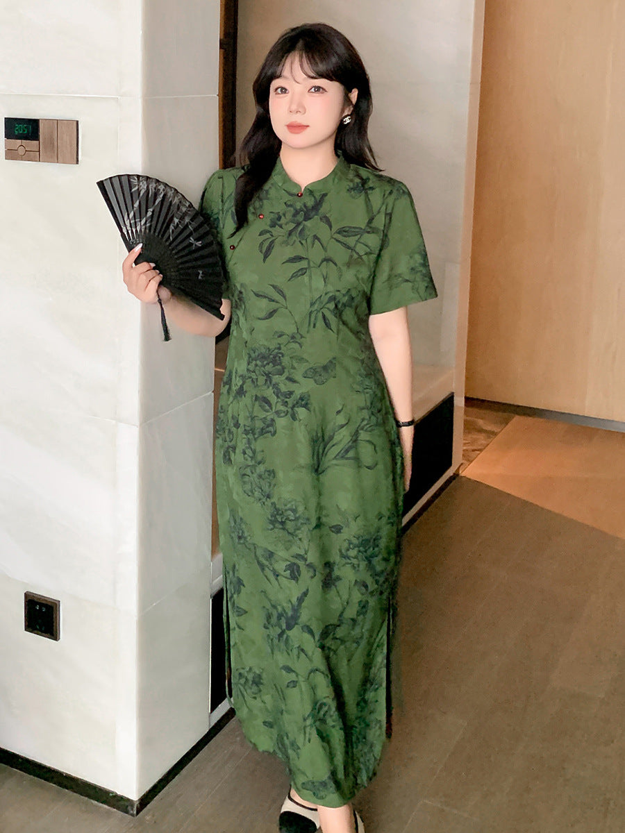 复古绿色花卉大码旗袍短袖传统款