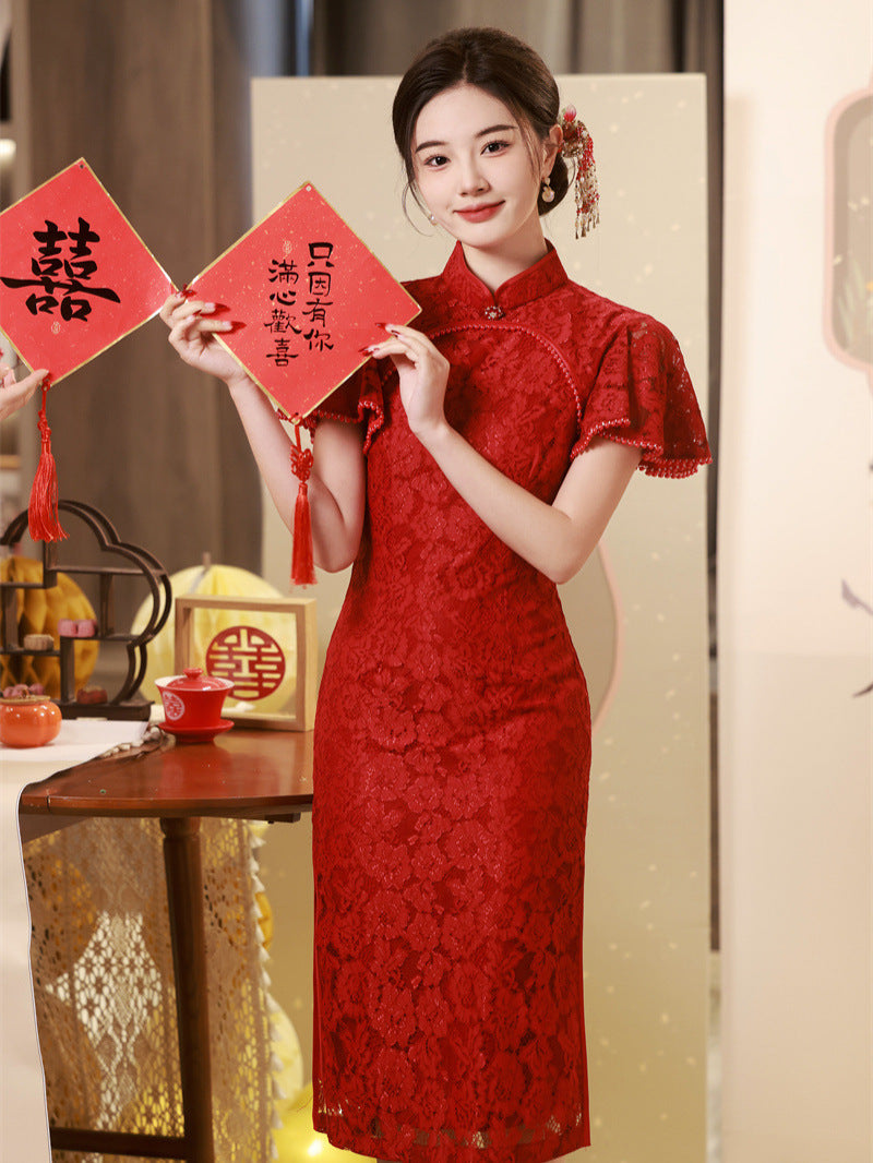Elegant Red Lace Cheongsam Dress for Wedding & Formal Occasions