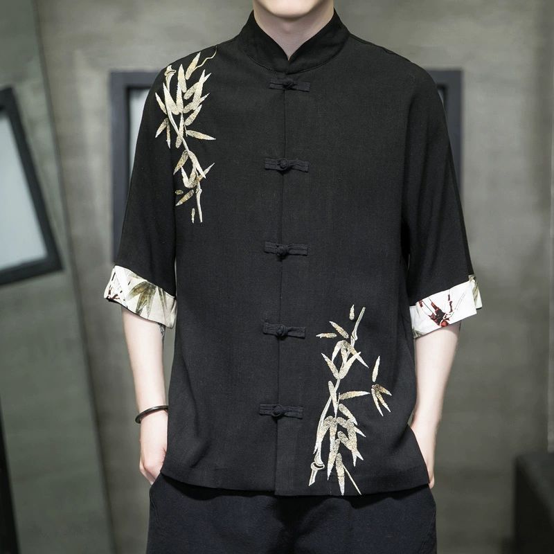 Mens Half Sleeve New Chinese Style Bamboo Embroidery Shirt