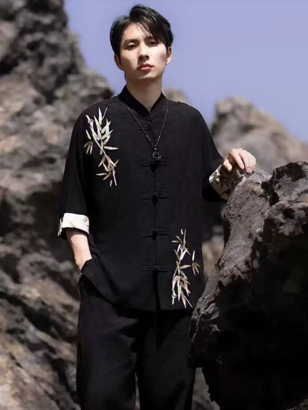 Mens Half Sleeve New Chinese Style Bamboo Embroidery Shirt