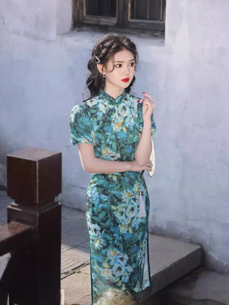 女式复古中式花卉绿色旗袍连衣裙