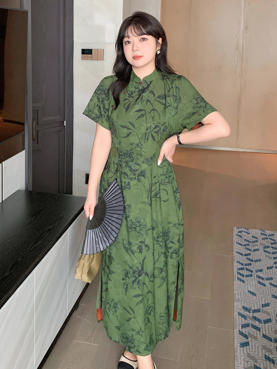 复古绿色花卉大码旗袍短袖传统款