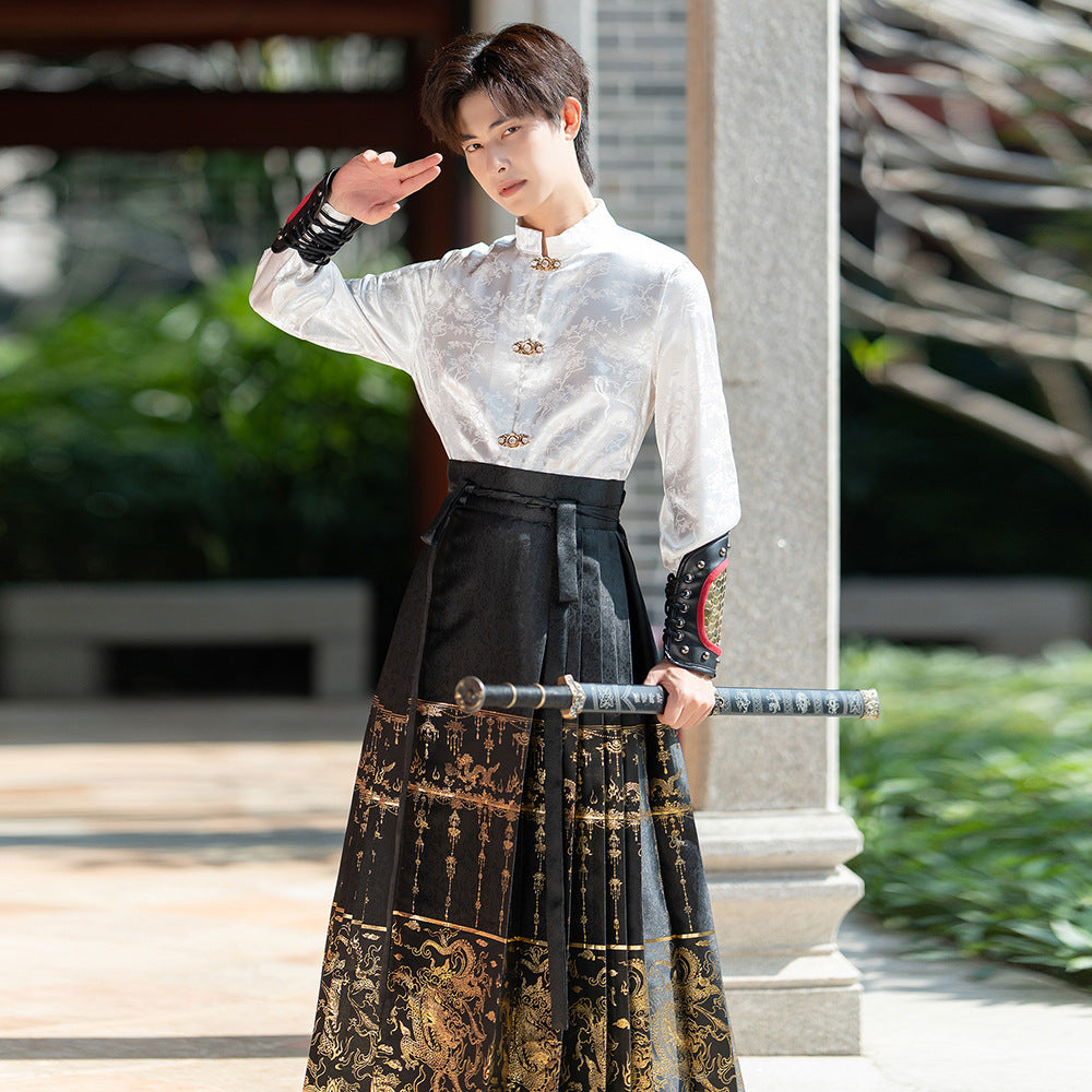 Men Traditional Hanfu Set with White Top and Black Golden Skirt