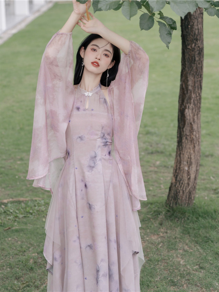 Elegant Floral Hanfu-Inspired Dress with Flowing Sleeves