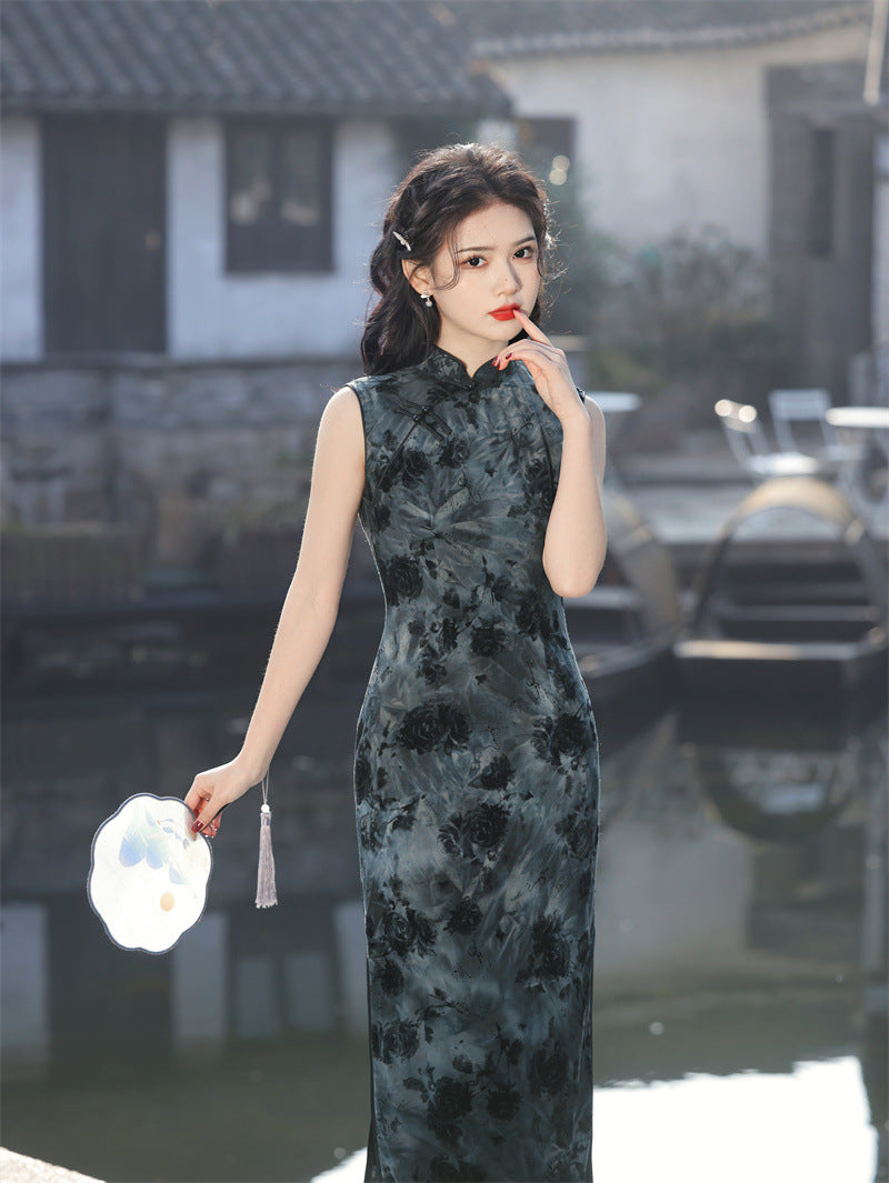 Elegant Grey Floral Cheongsam Dress - Chinese-Inspired Evening Wear