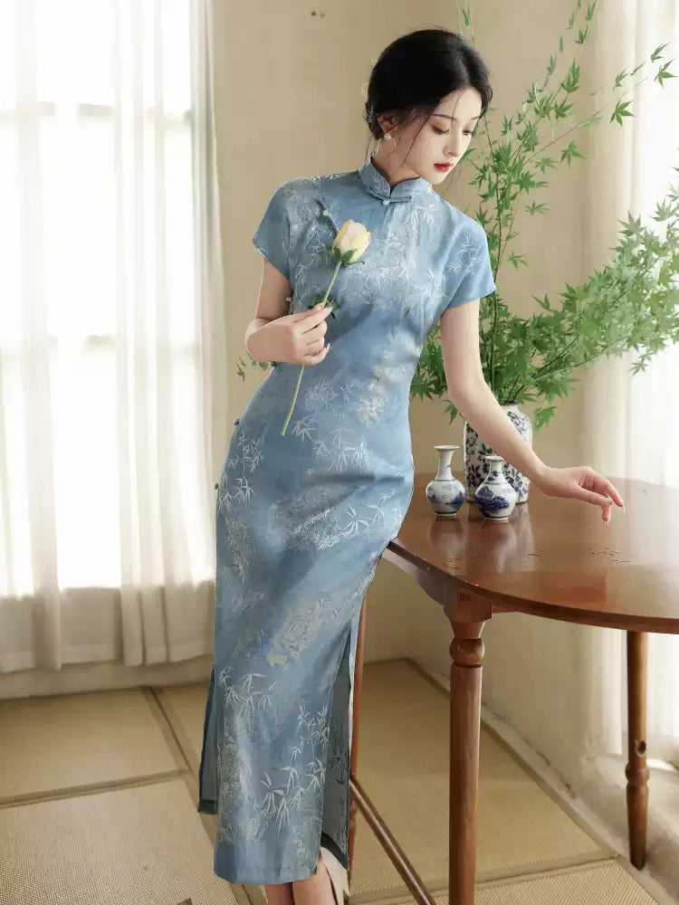 Bamboo Print Qipao Maxi Dress | Mandarin Collar Slit Cheongsam Han Grace Bamboo Print Qipao Maxi Dress | Mandarin Collar Slit Cheongsam Han Grace