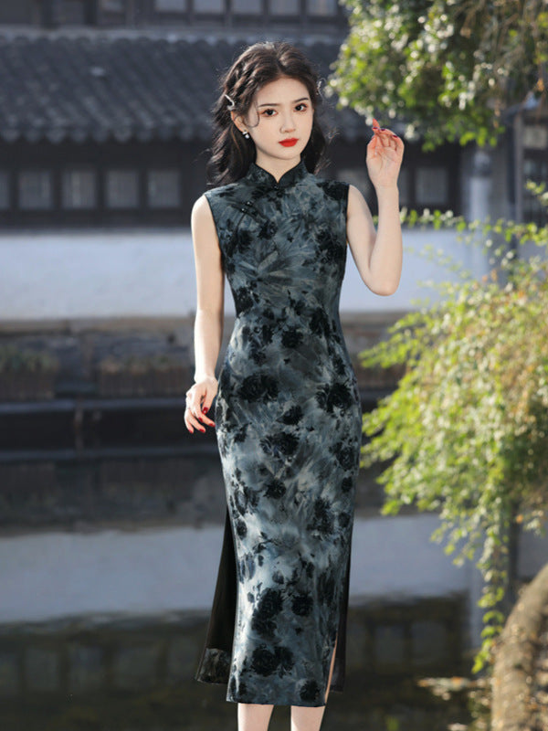 Elegant Grey Floral Cheongsam Dress - Chinese-Inspired Evening Wear