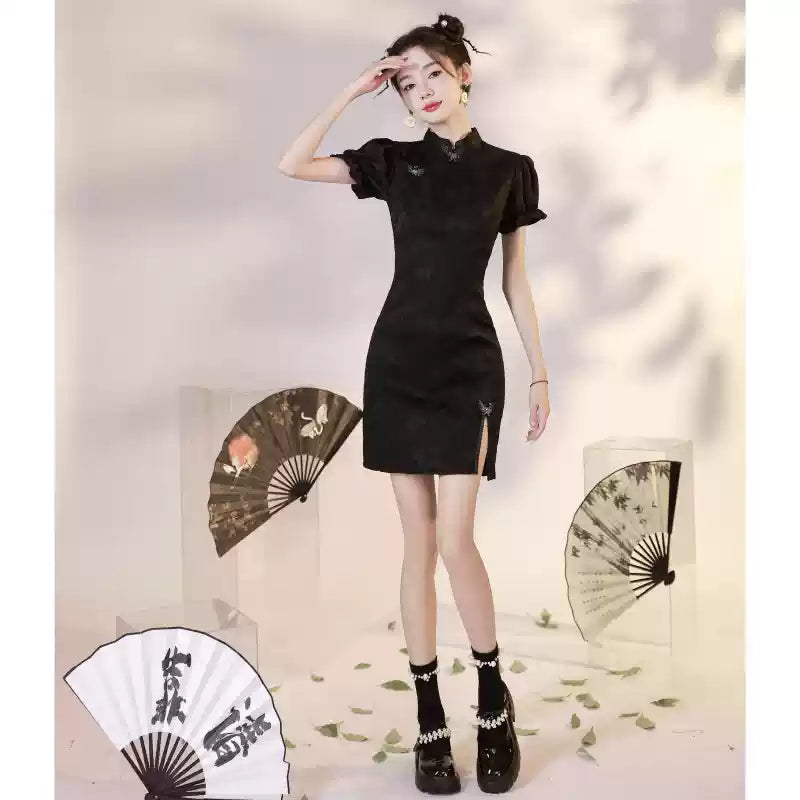 Elegant Black Chinese-Inspired Mini Dress with Puff Sleeves for Women