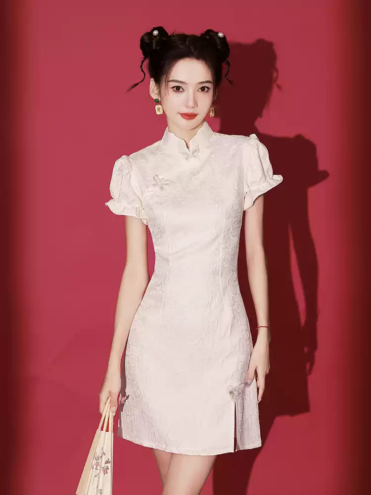 Elegant Black Chinese-Inspired Mini Dress with Puff Sleeves for Women