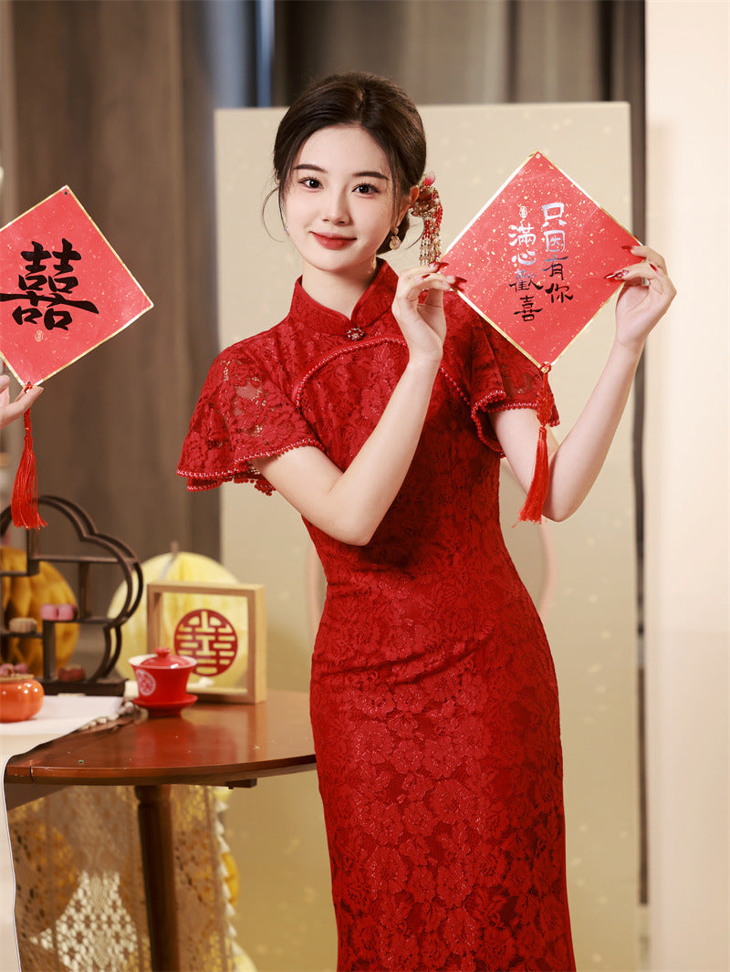 Elegant Red Lace Cheongsam Dress for Wedding & Formal Occasions