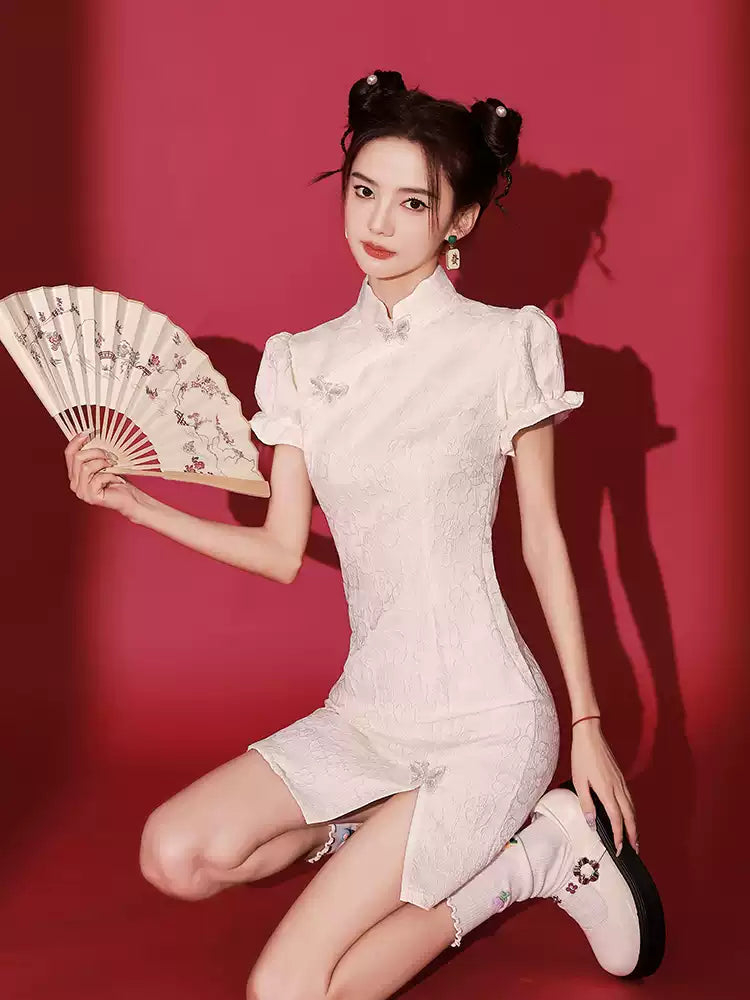 Elegant Black Chinese-Inspired Mini Dress with Puff Sleeves for Women