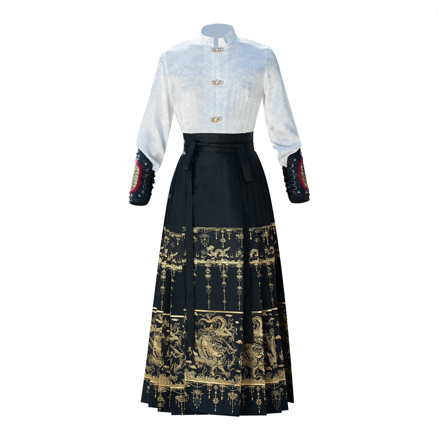 Men Traditional Hanfu Set with White Top and Black Golden Skirt
