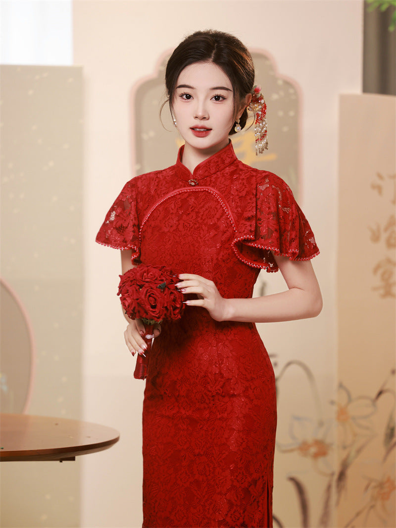 Elegant Red Lace Cheongsam Dress for Wedding & Formal Occasions