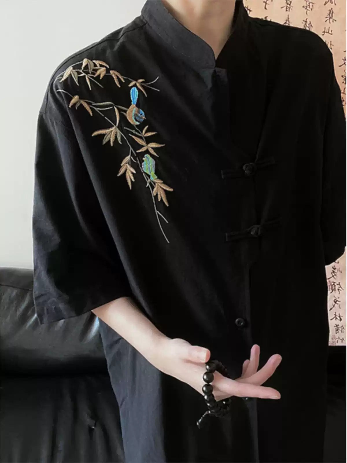 Men's Vintage Chinese Linen Shirt with Bamboo Embroidery