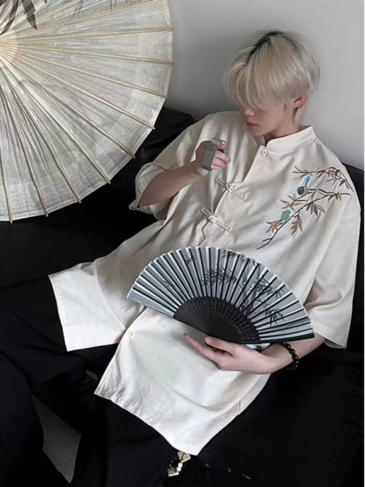 Men's Vintage Chinese Linen Shirt with Bamboo Embroidery