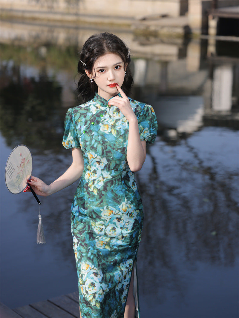 女式复古中式花卉绿色旗袍连衣裙