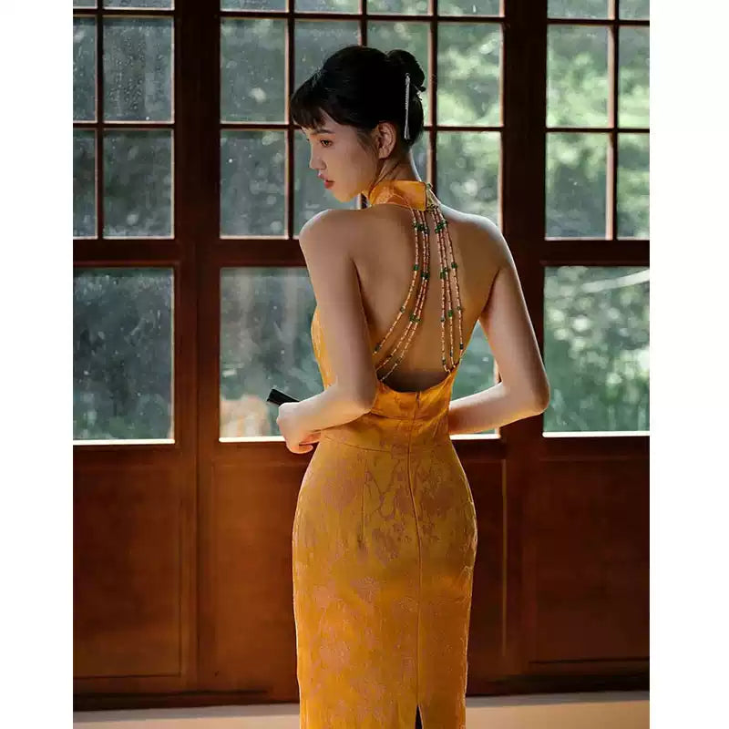 Sleeveless Yellow Qipao Gown Dress for Women