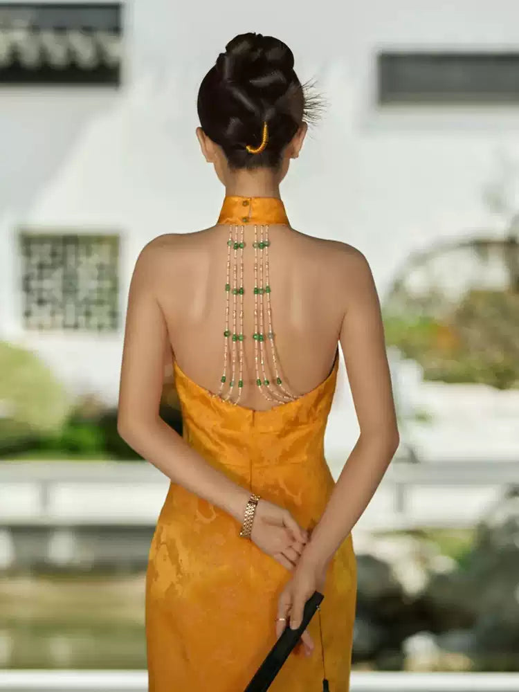 Sleeveless Yellow Qipao Gown Dress for Women