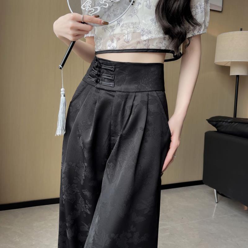 Chinese Style Ice Feel Jacquard Wide Leg Pants | High Waist Slim Fit Summer Trousers