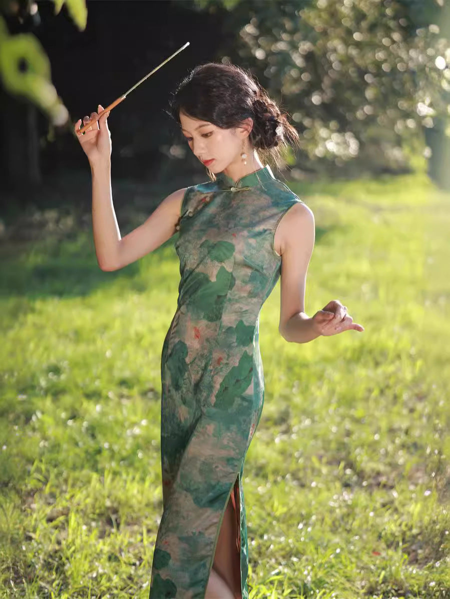 Artistic Green Cheongsam Dress with Watercolor Floral Print