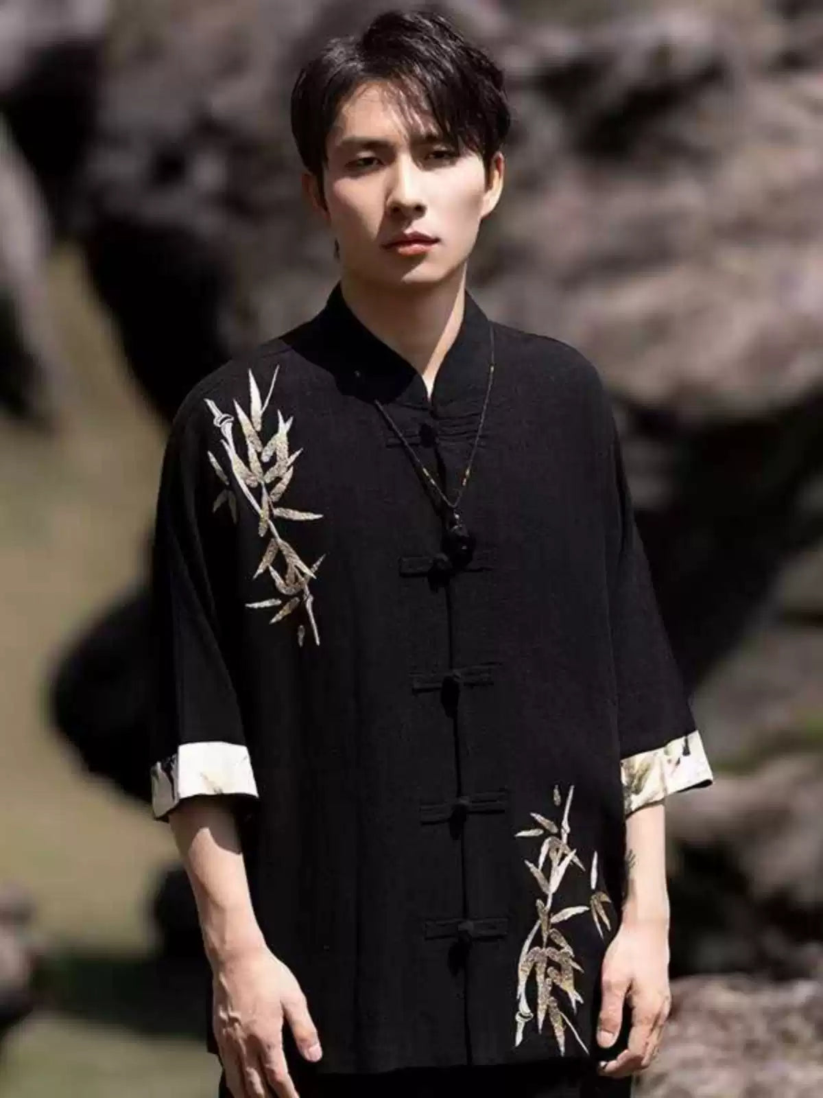 Mens Half Sleeve New Chinese Style Bamboo Embroidery Shirt