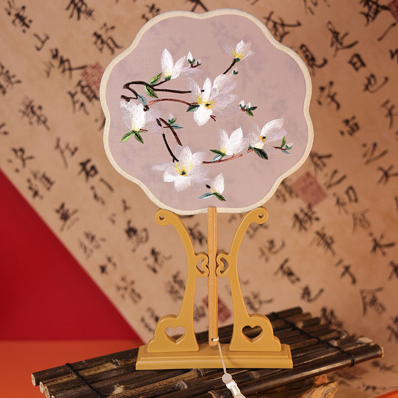 双面绣花真丝扇子(白色花朵图案,木柄)