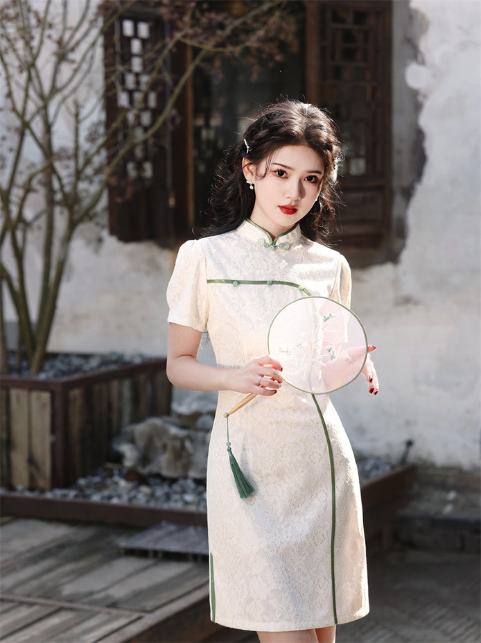 Elegant Floral Qipao Dress with Vintage Lace Accents