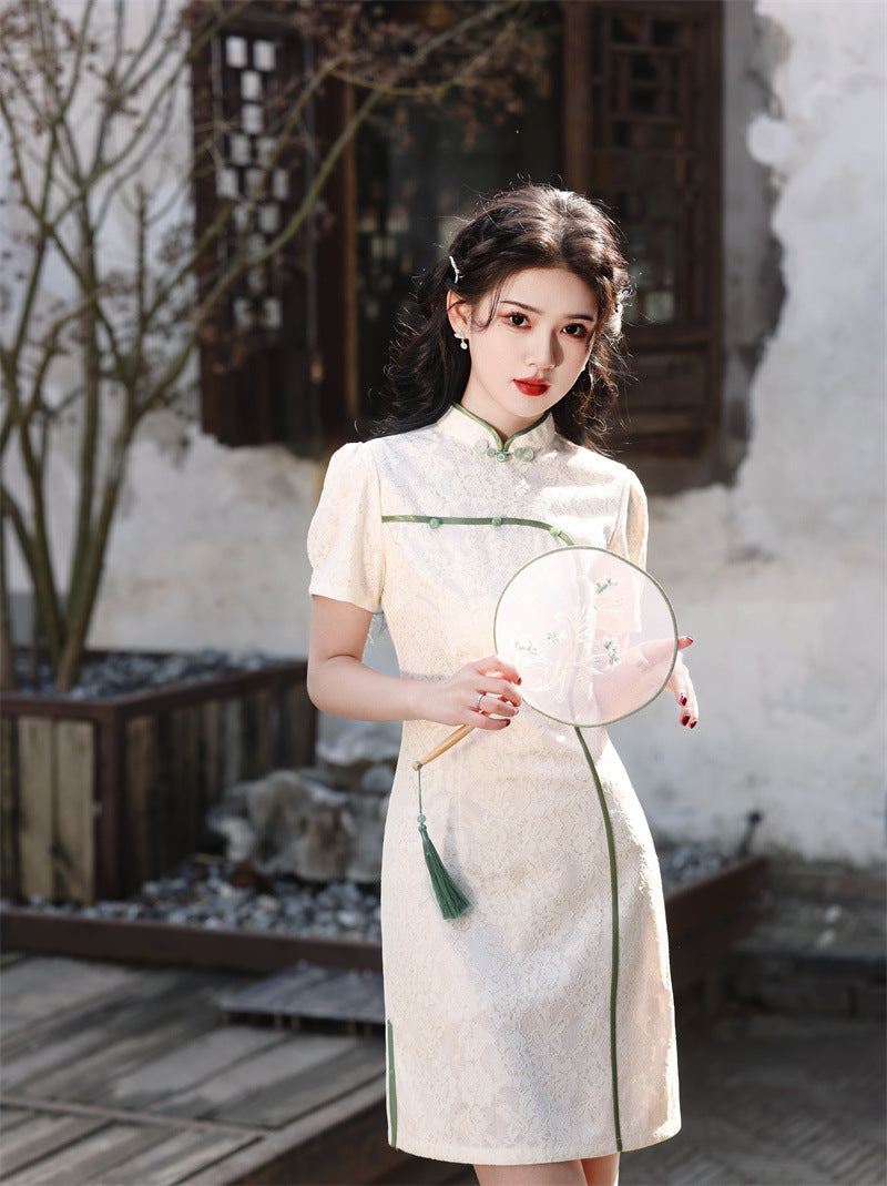 Elegant Floral Qipao Dress with Vintage Lace Accents