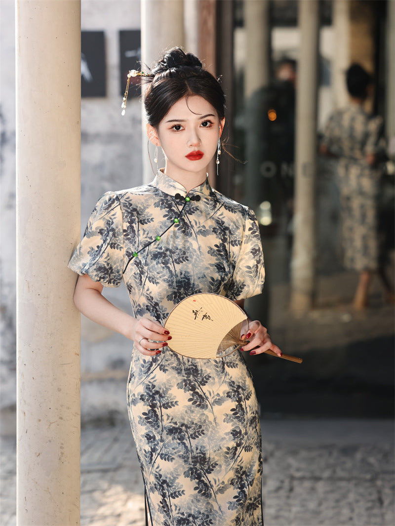Elegant Blue Floral Cheongsam Dress for Women’s Special Occasions