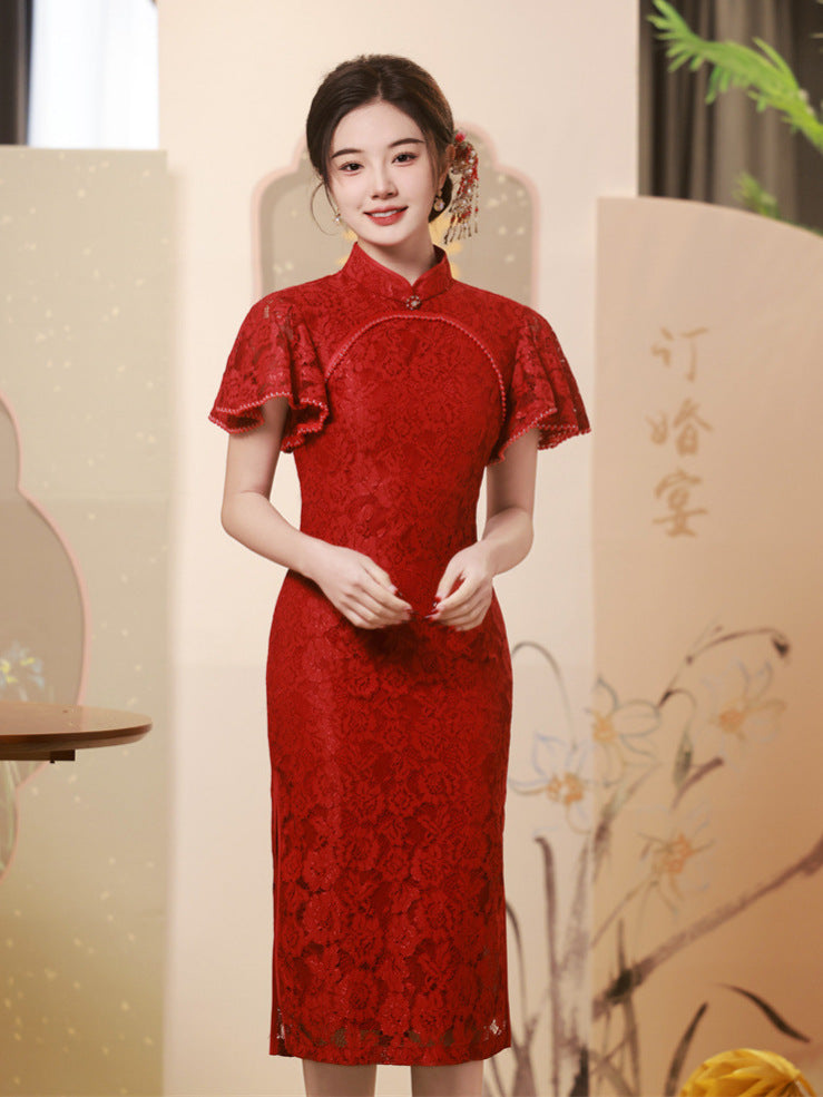 Elegant Red Lace Cheongsam Dress for Wedding & Formal Occasions
